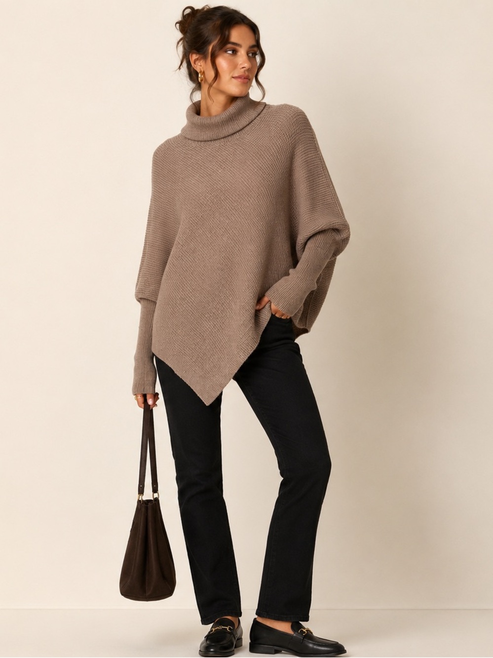 Halara Turtleneck Batwing Asymmetric Hem Poncho Sweater Taupe S NWT